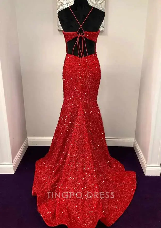 TingPo Wholesale Elegant Trumpet/Mermaid Halter Sleeveless Sweep Train Velvet Sequins Prom Dress